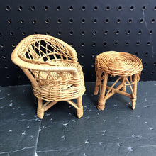 Load image into Gallery viewer, Wicker chair &amp; table vintage collectible
