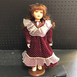 Porcelain Doll in Polka Dot Dress w/Stand