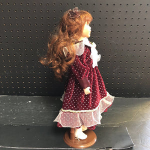 Porcelain Doll in Polka Dot Dress w/Stand