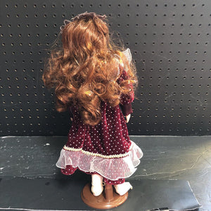 Porcelain Doll in Polka Dot Dress w/Stand