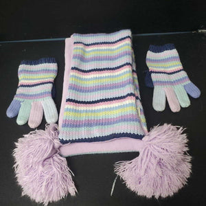 Girls Striped Winter Scarf & Mittens