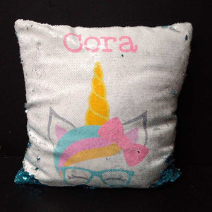 "Cora" Monogrammed Reverse Sequin Unicorn Pillow