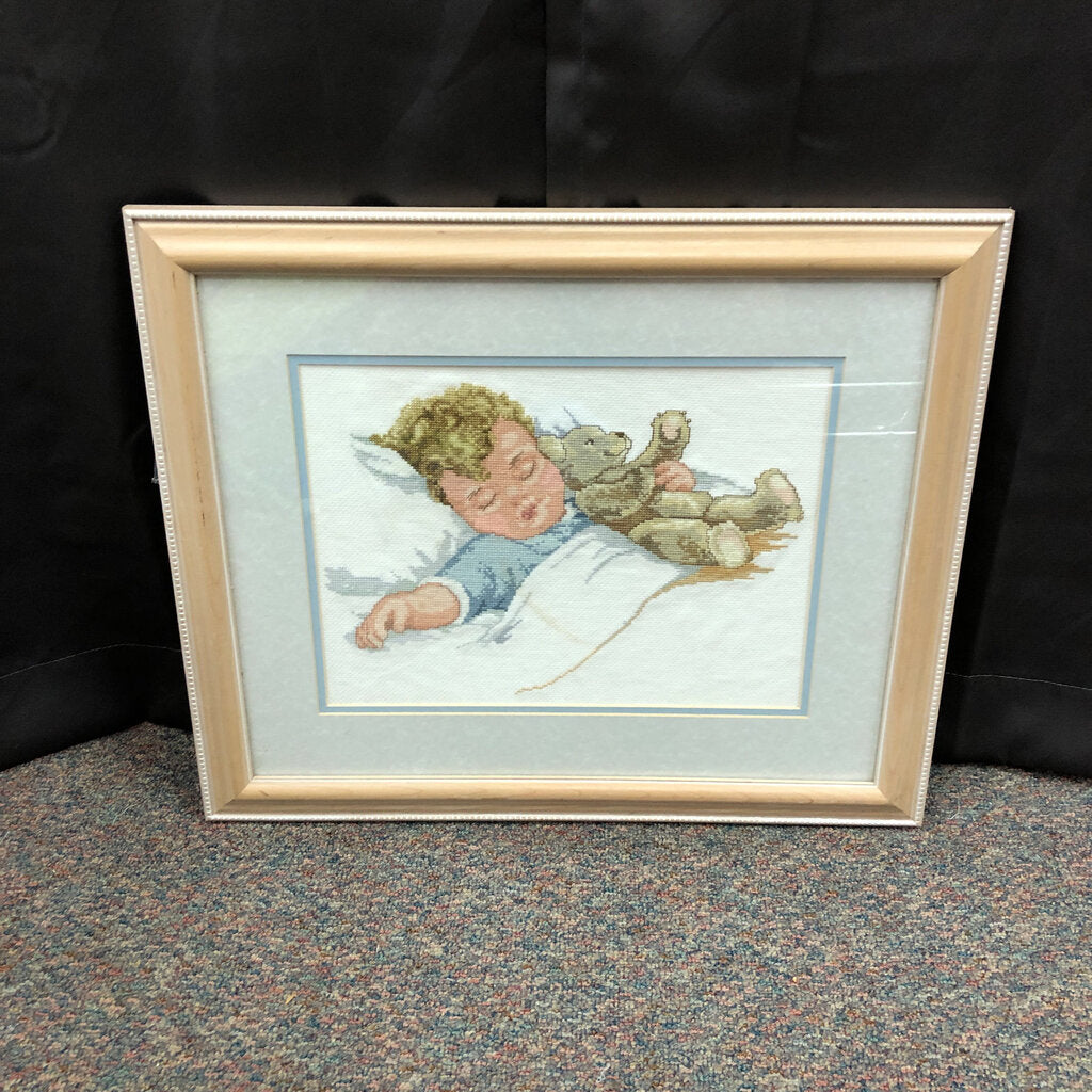 Sleeping Baby w/teddy needlepoint picture